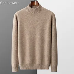Thickened Men's 100% Pure Wool Sweater Half High Collar Pullover Sweater Solid Color Loose Knit Bottom Sweater Long Sleeve Winte