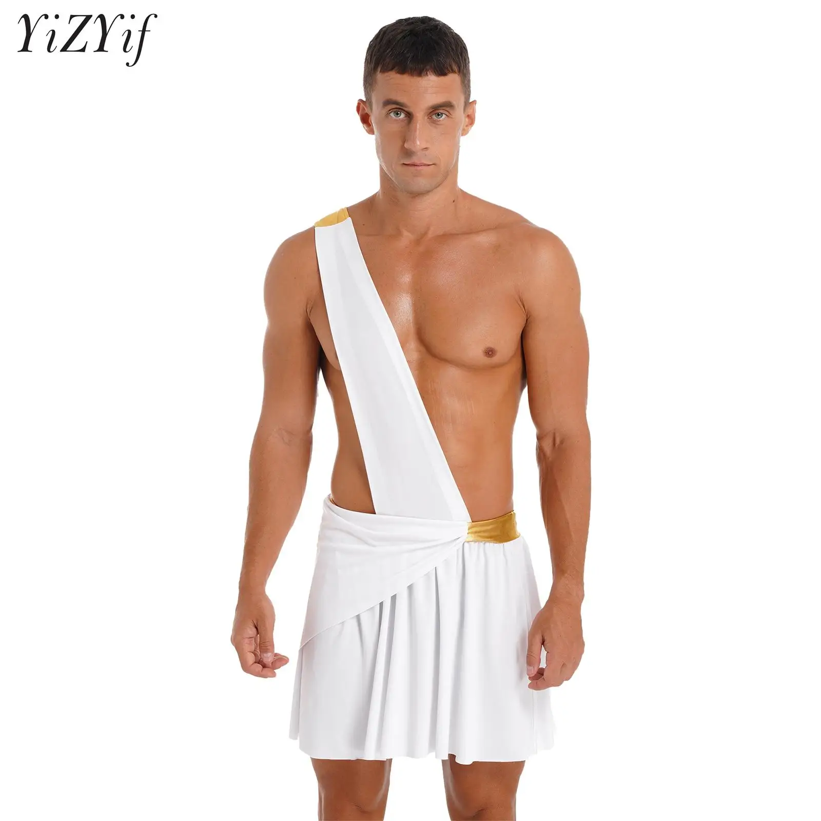 

Mens Greek God Toga Costume Ancient Grecian Mythology Roman Caesar Ruffle Mini Skirt Adult Halloween Cosplay Party Fancy Dress