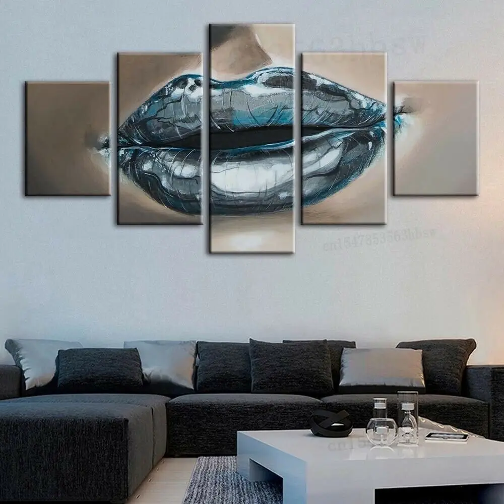 

Abstract Blue Woman Lips Poster 5 Panel Canvas Print Wall Art Home Decor HD Print Pictures No Framed 5 Piece Room Decor