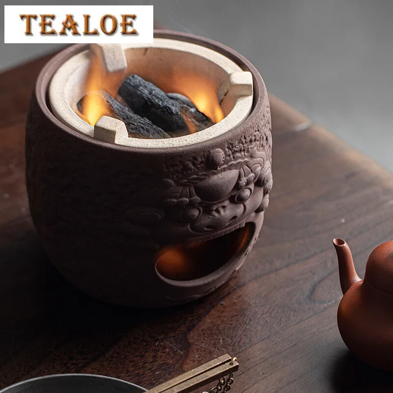 Rock Mud Handmade Lion Dance Tea Warmer Stove Household Side Handle Teapot Warmer Zen Tea Kettle Stand Ceremony Decoration