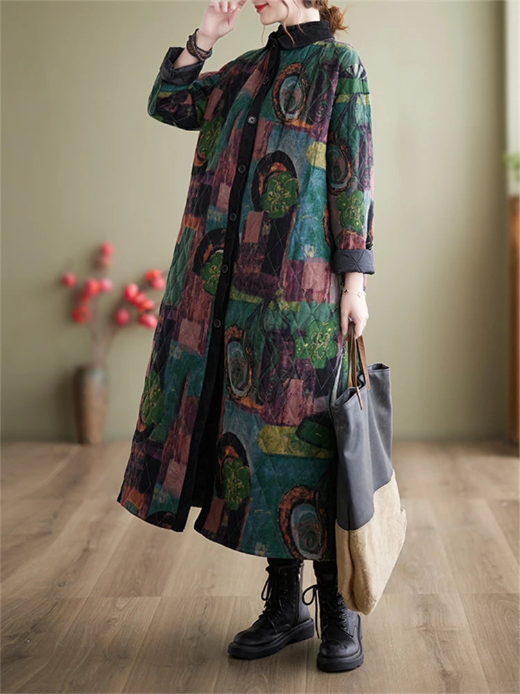 Cotton Coat Ethnic Style Long Sleeved Vintage Single Breasted Women Winter Patchwork Casual Loose Medium Length Print Outerwear