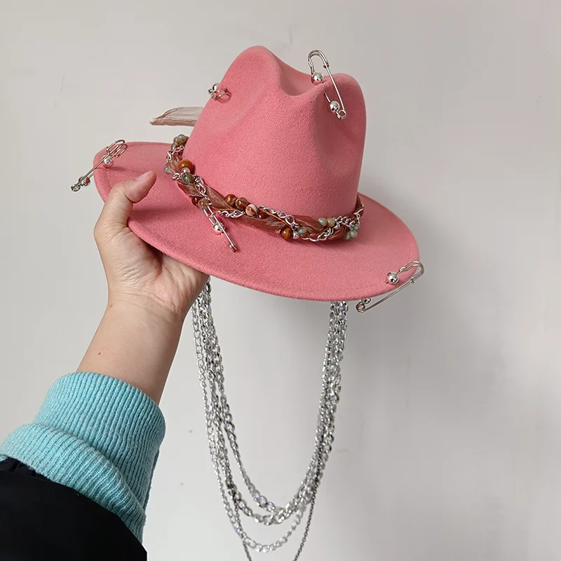 Chain punk fedora hat New fedora hat Silver chain  display picture 3
