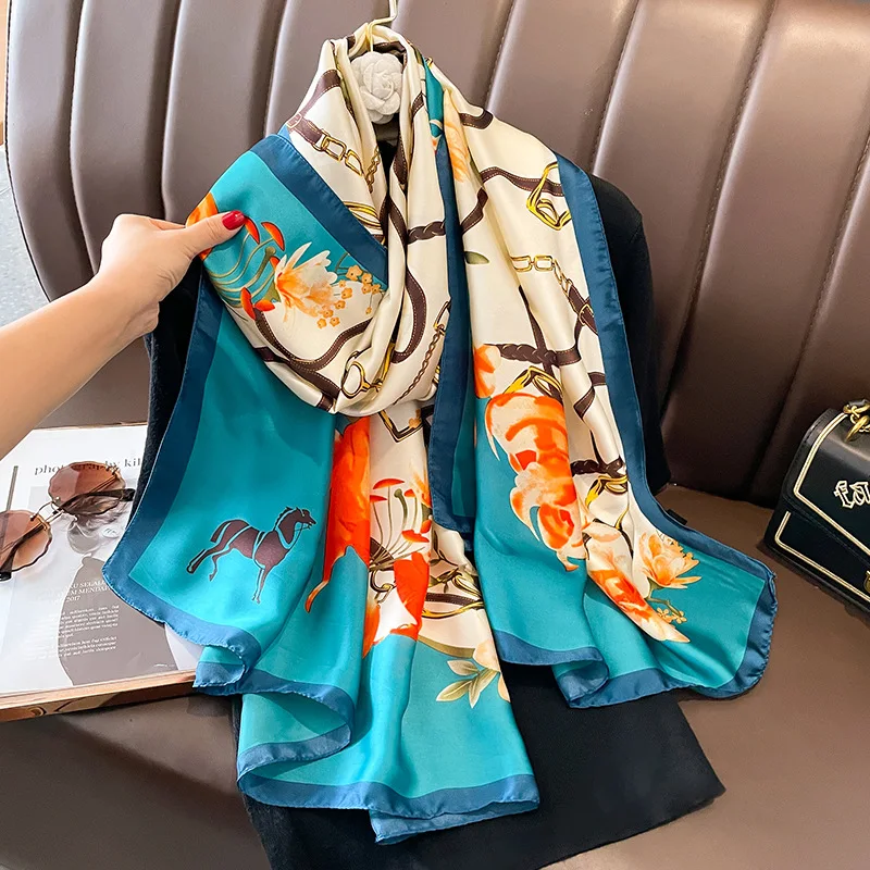 

Spain Fashion Brand Women Silk Scarf Luxury Designer Print Pashmina Shawls and Wraps Foulard Femme Bufandas Beach Hijab 180*90Cm