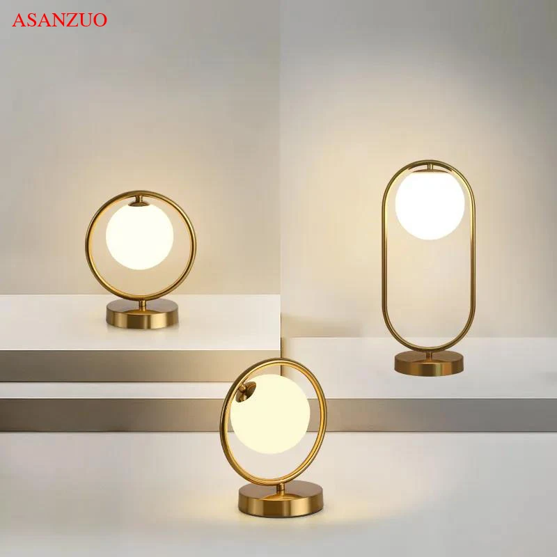 Modern LED Table Lamps Brass Galss Lights Bedside Reading Desk Lamp Fixture Bedroom Hotel Home Decor Round Ring Desk Lights