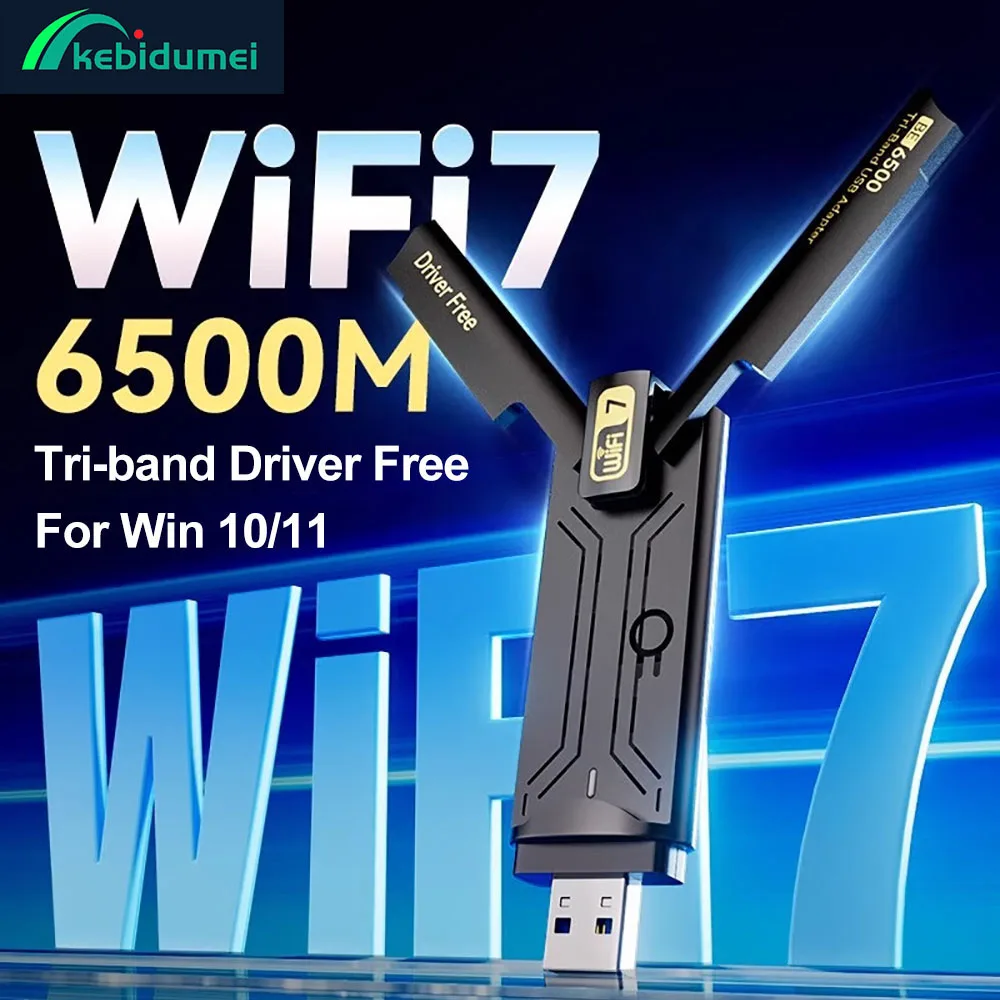 Kebidumei WiFi 7 USB WiFi 어댑터 BE6500 USB3.0 802.11BE WiFi 동글 트라이 밴드 2.4G/5G/6GHz 네트워크 카드 (Win10/11 드라이버 포함)