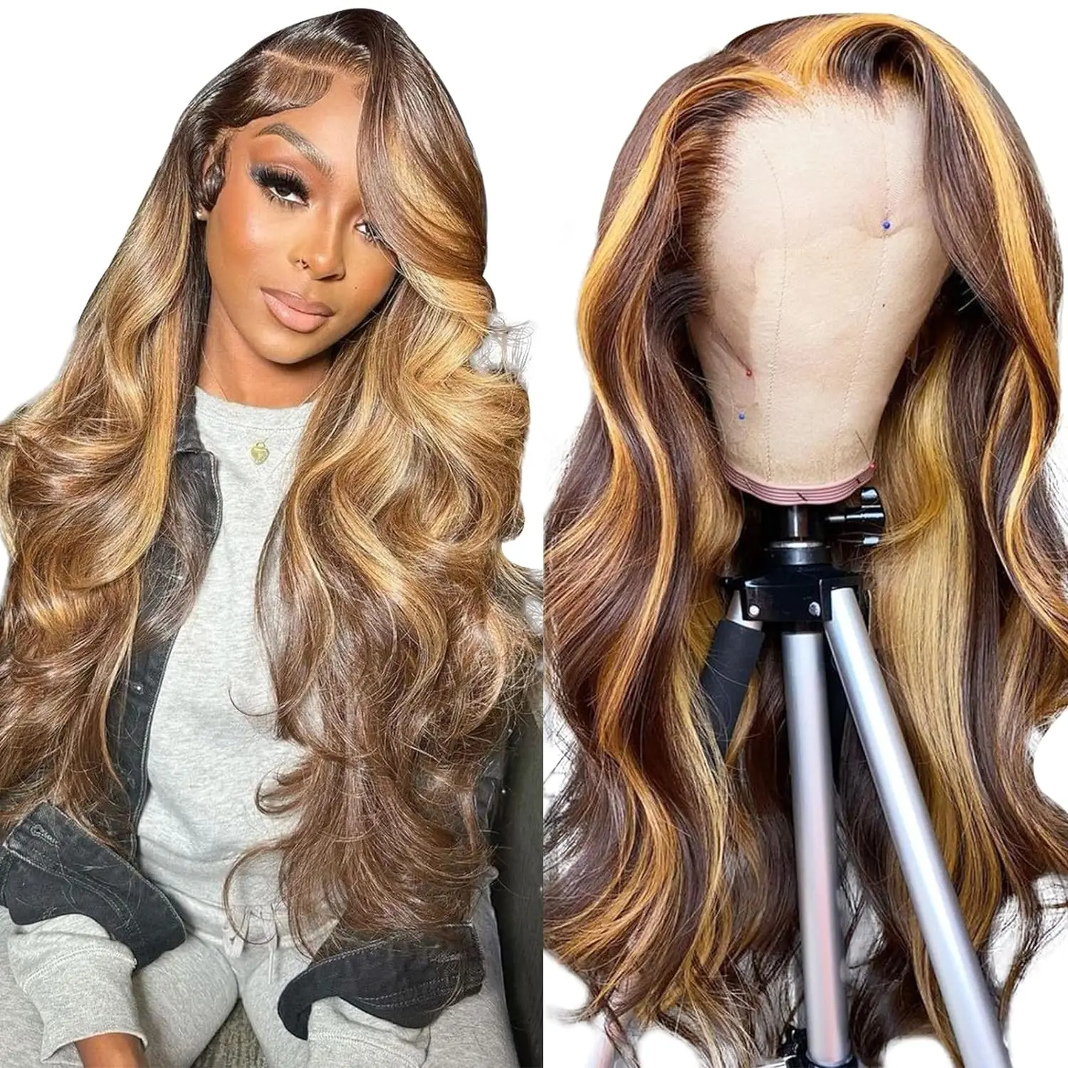 

Highlight Ombre Body Wave Lace Front Wig Human Hair Pre Plucked 13x4 HD Transparent Colored Honey Blonde Lace Frontal Wigs