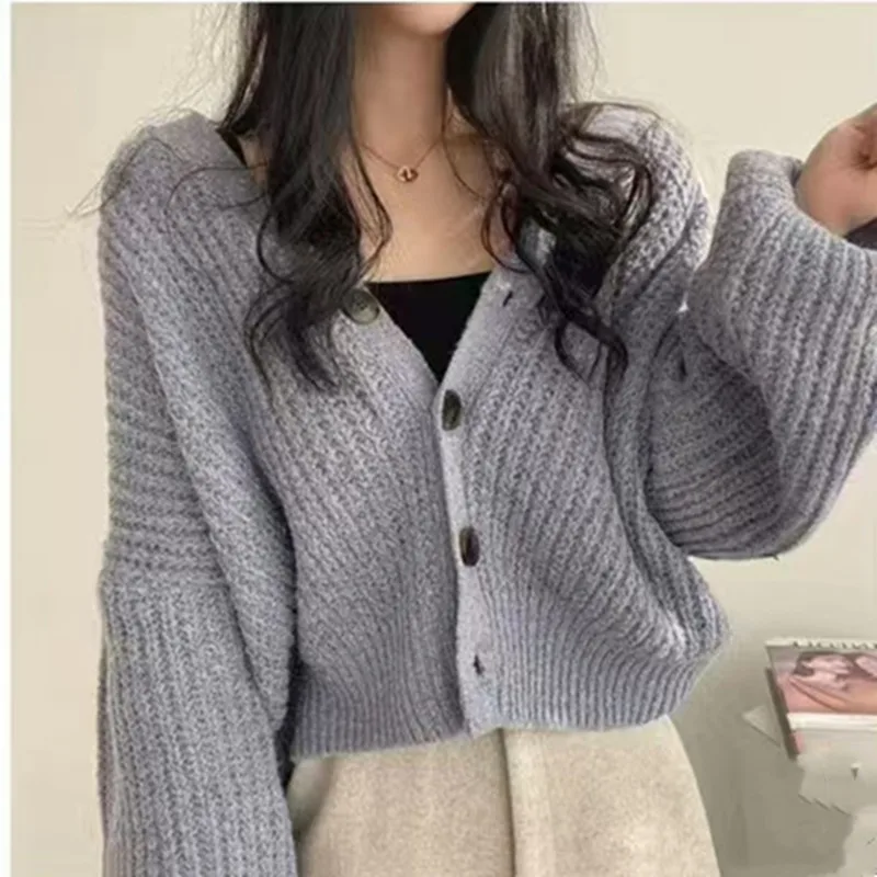 Autumn and Winter New V-neck Cardigan Women's Lantern Sleeve Sweater Fashion Casual Loose Short Knitted Jacket Elegant Knitwear