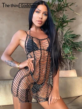 Sexy Mesh Rhinestones Summer Dress women perspective Black White diamond Fishnet bodycon dress beach club party Dresses vestidos 1