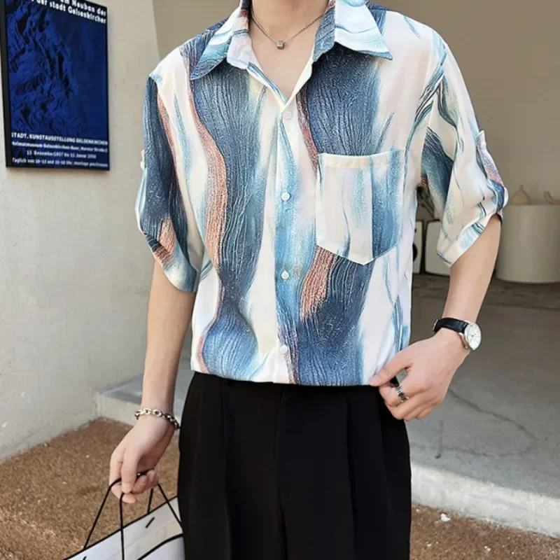 

Рубашка мужская с цветным графическим принтом, элегантная повседневная с рукавами, на пуговицах, в хипстерском стиле, размеры Xxl, лето