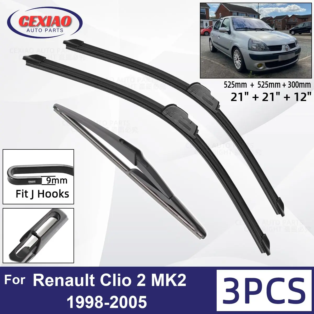 

For Renault Clio 2 MK2 1998-2005 Car Front Rear Wiper Blades Soft Rubber Windscreen Wipers Auto Windshield 21"+21"+12" 2003 2004