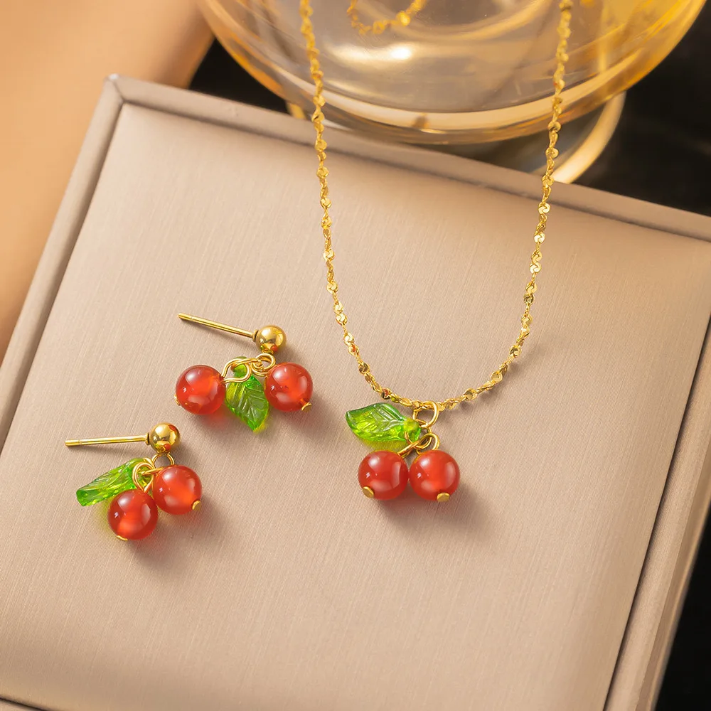 Minimalist Cherry Stainless Steel Piercing Stud Earrings for Women Charm Cute Fruit Acrylic Jewelry Valentine's Day Gift 6