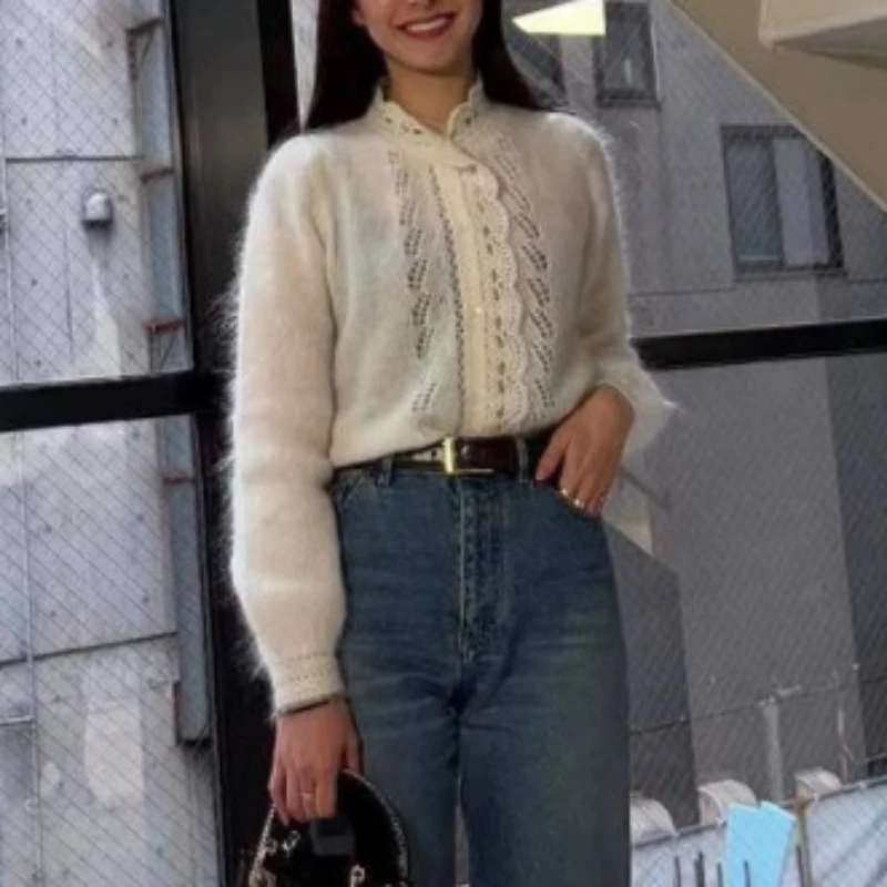 Women's White Cardigan Loose Sweaters Fashion Hollow Lace Patchwork Elegant New Office Basic Autumn Female Cardigan