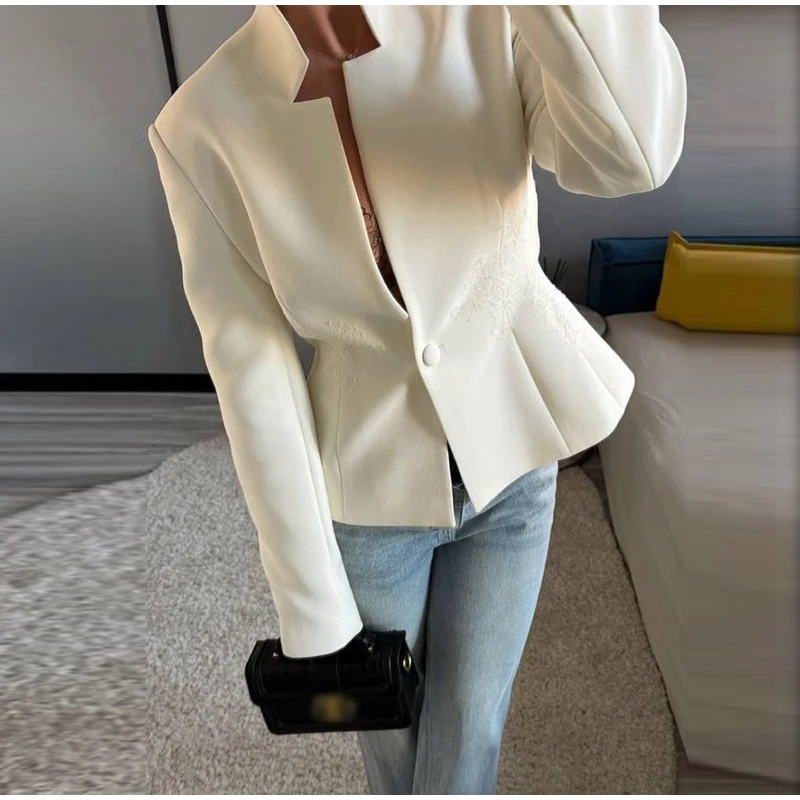 Solid Color Lace Patchwork Stand Collar Blazer Long Sleeve Single Breasted 2026 Spring Women Jacket Trendy Chic Lady Suit Coats 67 S8e1ef01ca480451ea9476c8b11f4366cm