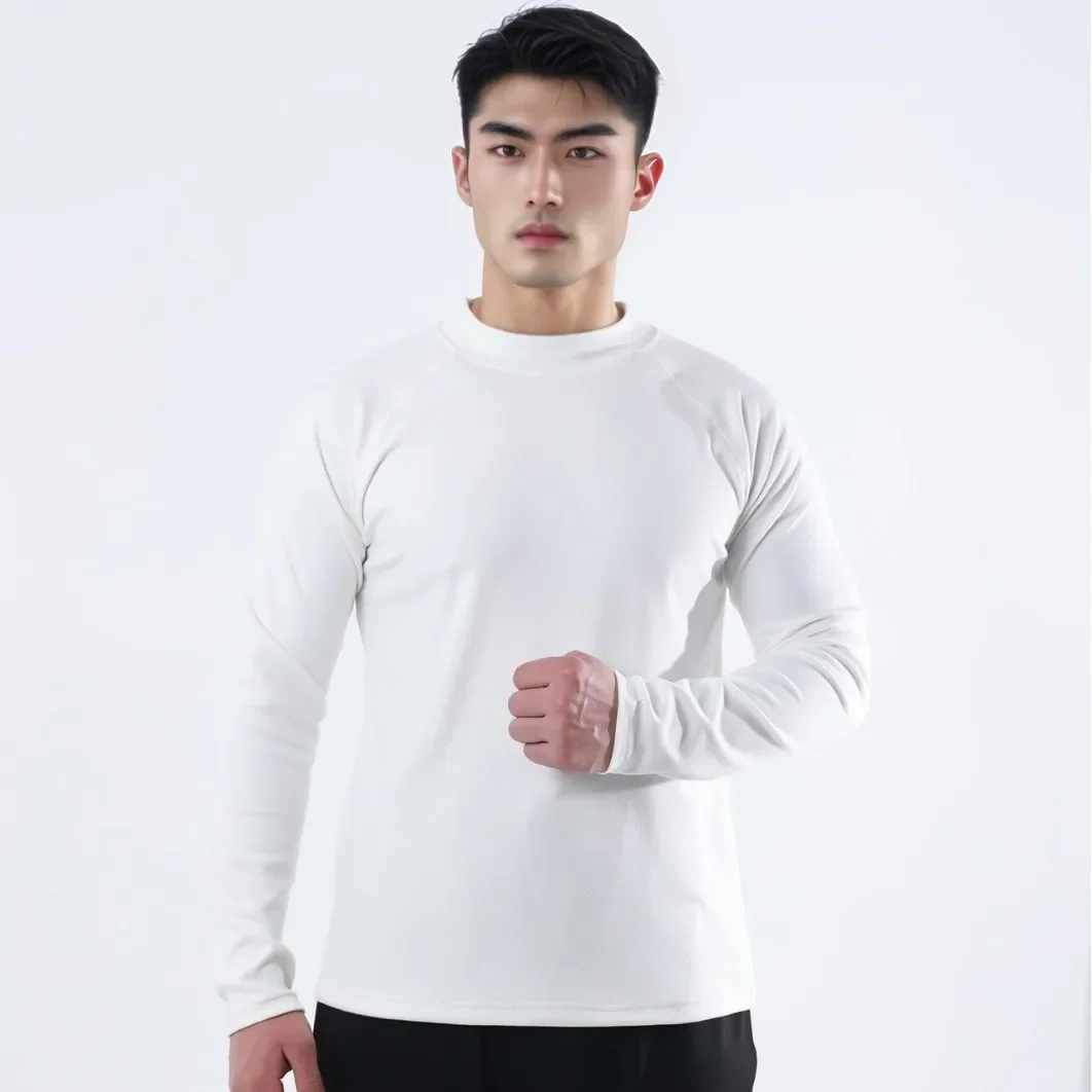 Winter High Collar Cationic Velvet Warm Slim Fit round Neck Sports Fitness High Elastic Long Sleeve T Shirt Baseball Game Shirt
