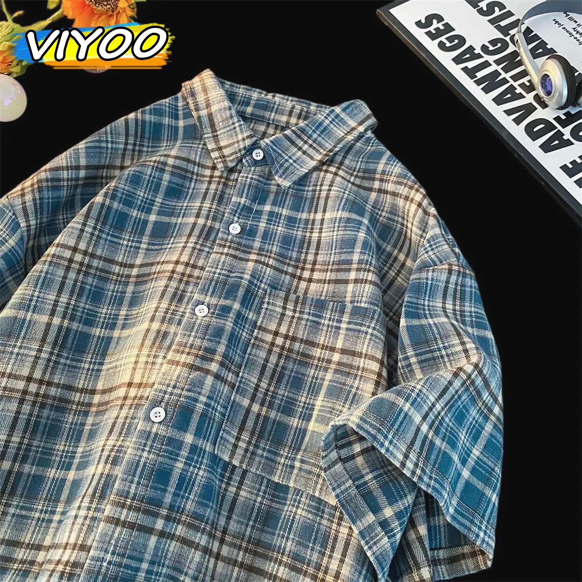 

Men's Y2K Vintage Spring Autumn Long Sleeve Tops Plaid Shirts T-Shirt Coat Streetwear Men Cardigan Japanese Style Korean Clothes