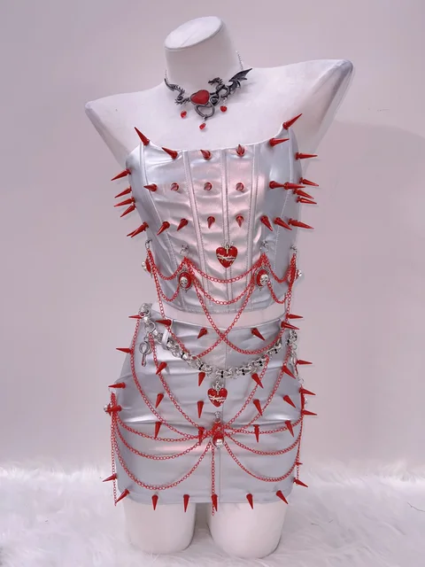 Red Spikey Silver Top and Skirt Set 6