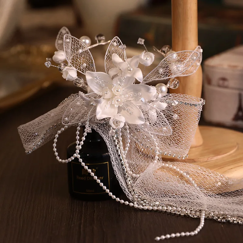New Bridal Headwear White Lace Flower Beaded Tassel Hairpin Wedding Edge Clip Hair Accessories for Women