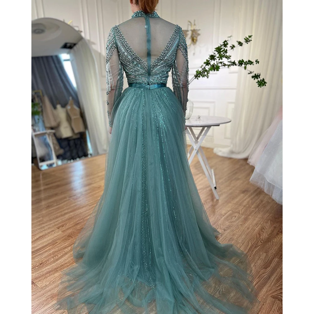 Serene Hill Nude Muslim Beaded Tassel  Mermaid Dubai Arabic Evening Dresses Gowns Luxury 2023 For Women Wedding Party LA71533