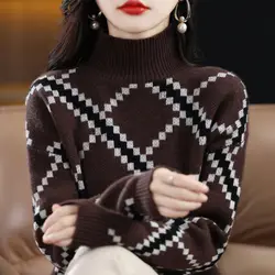 Vintage Argyle Printed Geometric Spliced Sweater - Half High Collar Autumn/Winter Jumper - XXL (Coffee)