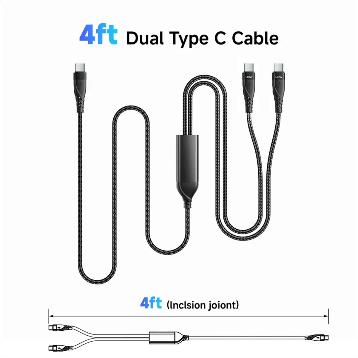 정시 출고- 2 in 1 USB C 케이블 최대 PD 140W 고속 충전 케이블 USB C to 듀얼 USB-C 데이터 케이블 아이폰 화웨이 맥북 PC 노트북용