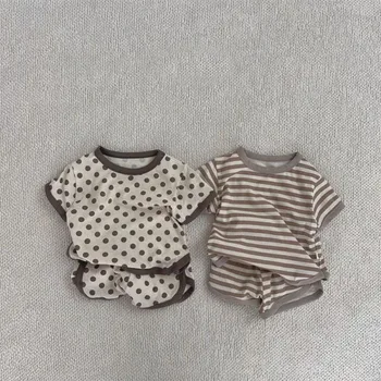 2025 Summer New Baby Short Sleeve Clothes Set Infant Dot Striped Tops + Shorts 2pcs Suit Toddler Boy Girl Home Clothing Outfits