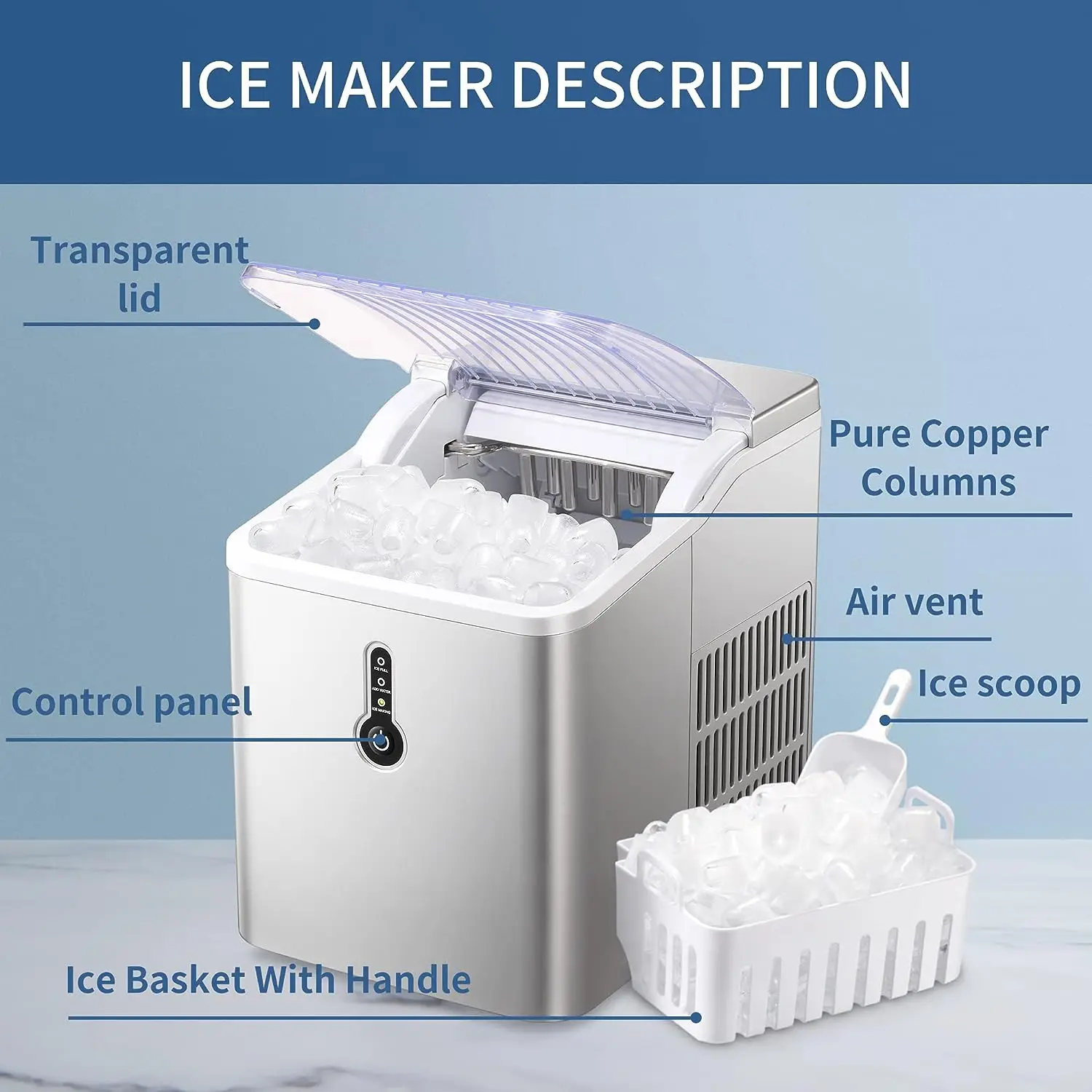 Euhomy Ice Maker Machine Countertop, 26 lbs in 24 Hours, 9 Cubes Ready in 6  Mins, Self-Clean Electric Ice Maker Compact Potable Ice Maker with Ice