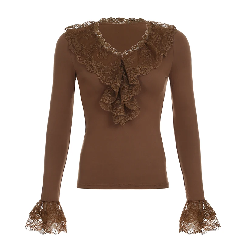 Camiseta marrón con cuello con volantes de encaje vintage Y2K, top ajustado de manga larga, elegante y con estilo de los años 2000, ropa de calle de otoño
