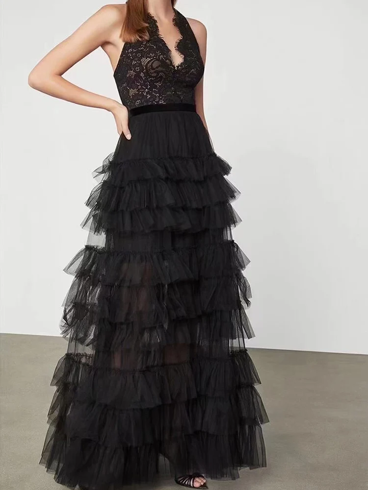 

Spring/Summer 2023 Women's Sleeveless Lace Mesh Dinner Dress High Waist Big Pendant Cake Dress Fashion Pengpeng Long Dress