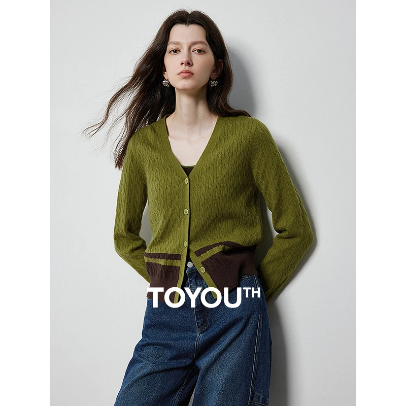 Women Knitwear Cardigan Autumn V Neck Contrast Color Single Breasted Button Knitted Sweater Cardigan Jacket