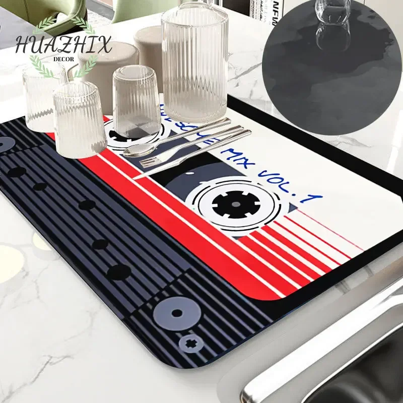 

Retro Cassette Dish Drying Mat Kitchen Coffee Maker Drain Pad Rubber Super Absorption Dinnerware Cup Bottle Non-slip Placemat