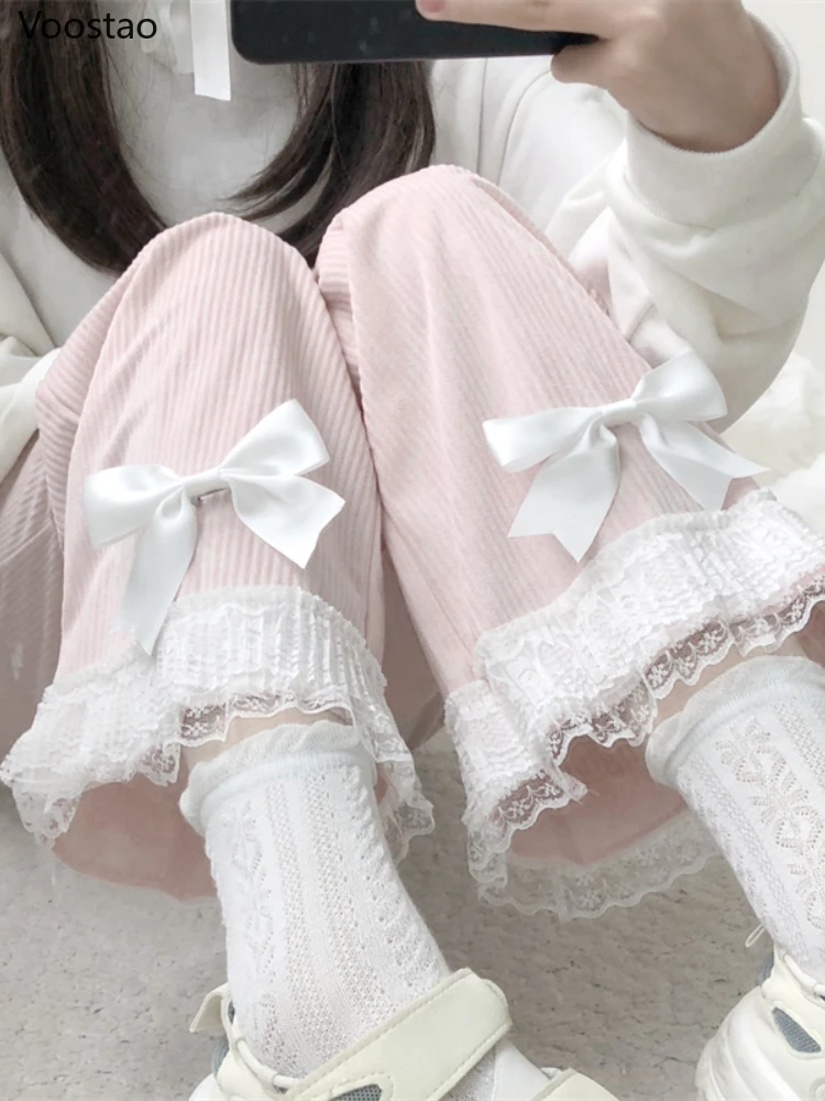 일본 로리타 여성 카와이 하이 웨스트 코듀로이 바지 스위트 보우 레이스 와이드 레그 팬츠 걸리 하라주쿠 시크 루즈 귀여운 바지