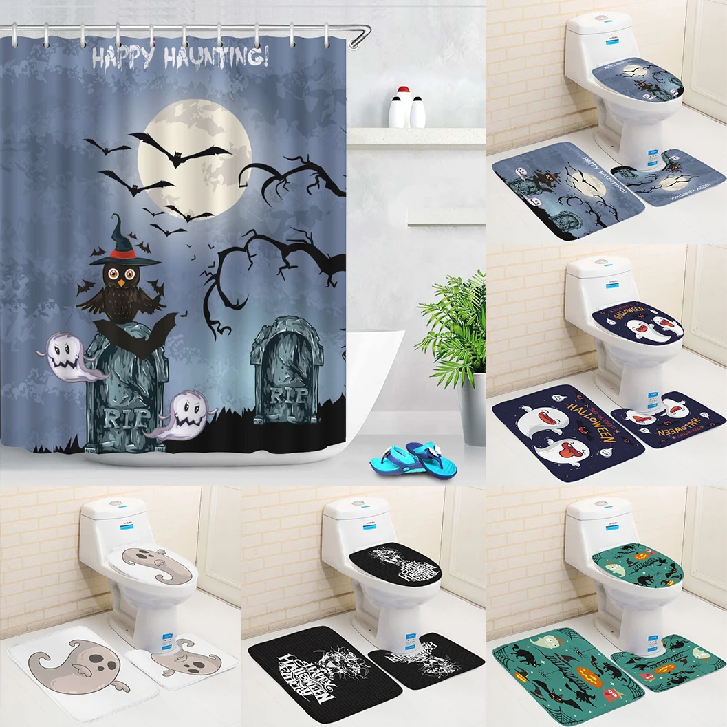 

Halloween Style Bathroom Curtains Set With Carpets And Curtain Cartoon Demons Pattern Bathrooms Accessories Set Shower Curtain