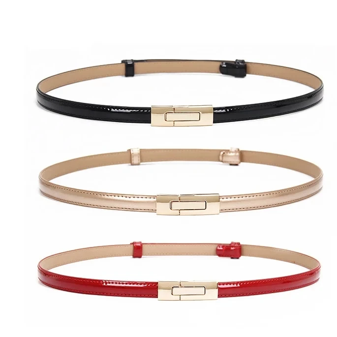 

Thin Waist Belts For Women Gold Rectangle Buckle Patent Leather Adjust Cummerbunds Designer Women's Brand Ceinture Femme