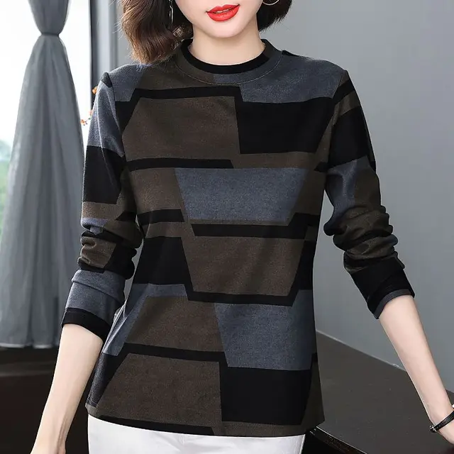 Women's Round Neck Thick Bottom Shirt 2023 Autumn and Winter Fashion Long Sleeve Striped Contrast Color T-shirt Pullover Tops 2