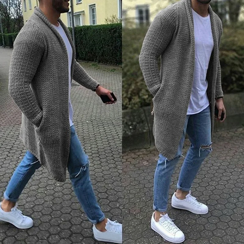 

Fashionable Men's Wool Cardigan Thin Autumn Winter Fashion Long Sweaters Knitted Cotton Casual Male Jackets With Pocket