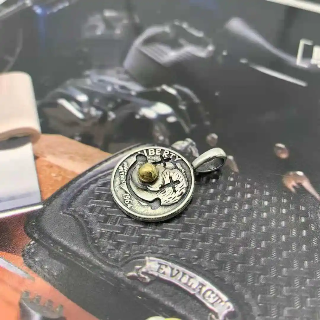 

Sterling Silver Clown Coin Pendant Retro European and American Trend Personalized Men's and Women's Necklace Punk Style Round Ha