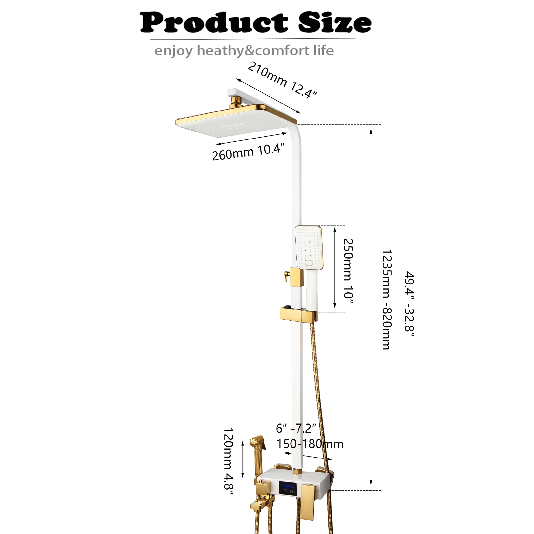 KEMAIDI White/Gold Bathroom Wall Mounted Rainfall Shower System LED Digital Shower Set Hot Cold Mixer Bath Faucet Sets