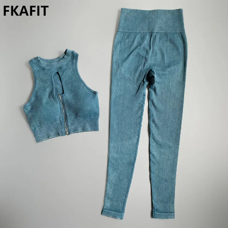 

Женский комплект из 2 предметов, комплекты для йоги, укороченный топ на молнии с замочком, одежда для тренировок, женские леггинсы, бесшовный спортивный женский комплект