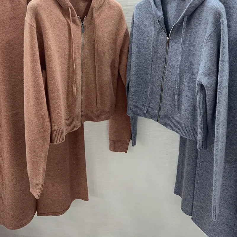 

Women Knit Pants Jacket 2 Piece Set Casual Hooded Front Zipper Cardigan Elastic Waist Trousers 2023 Autumn Winter Warm Wool Sets