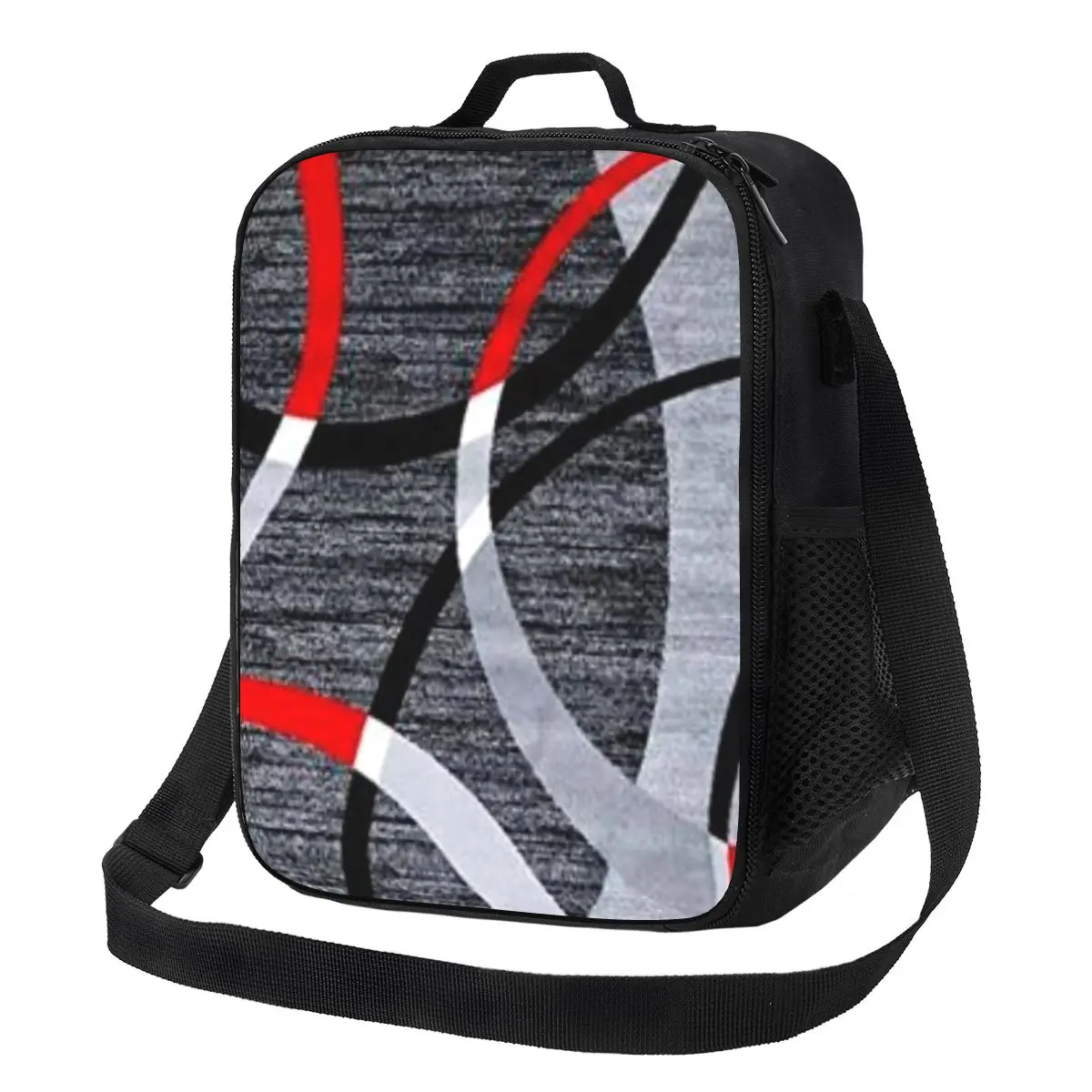 

Modern Abstract Gray Red Swirls Insulated Lunch Bag for Women Geometric Pattern Thermal Cooler Lunch Box Office Picnic Travel