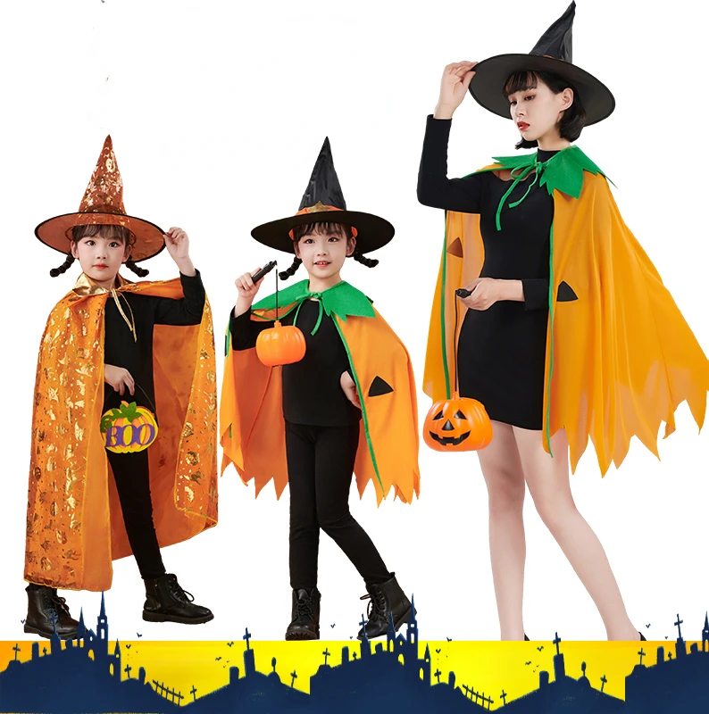 Adult and Children Halloween Pumpkin Cloak Witch Cloak Hooded Role Play Costume Death Cloak Carnival