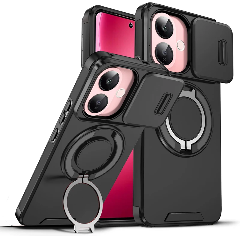 Heavy Duty Magnetic Metal Ring Phone Case - Shockproof Rugged Armor with Slide Camera Protector