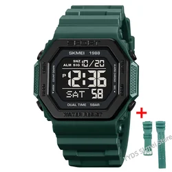 Enhanced Digital Sports Watch for Men - LED Display, Countdown Timer, Waterproof, Alarm Clock (Dark green withstrap)