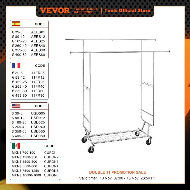 Clothing Garment Rack Heavy Duty Adjustable Length Clothes w/ Bottom Shelf & Wheels for Laundry Room