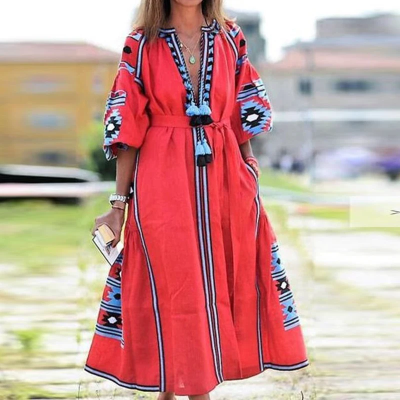 Vestido Spring Summer Women\'s Boho Dress Fashion Elegant Sexy V-Neck Retro Digital Printed Tassel Puff Sleeve Mid Length Dresses