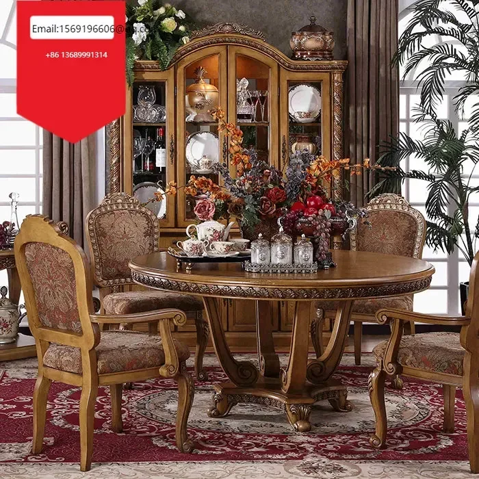 

Custom solid wood dining table and chair combination American country dining table European carved round