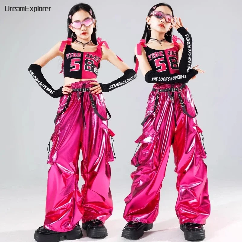 Hip Hop Boys T-shirt PU Shiny Leather Cargo Pants Girls Crop Top Streetwear Kids Street Dance Shorts Costumes Child Jazz Clothes kids cosplay costume,children dance costume