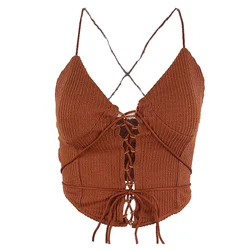 2022 nova sexy bandagem correias colheita topos feminino elegante com nervuras oco para fora sem costas sem mangas topo