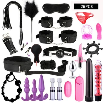 SM Kits Adults Sex Toys For Women Men Handcuffs Nipple Clamps Whip Spanking Sex Metal Anal Plug Vibrator Butt Bdsm Bondage Set 1