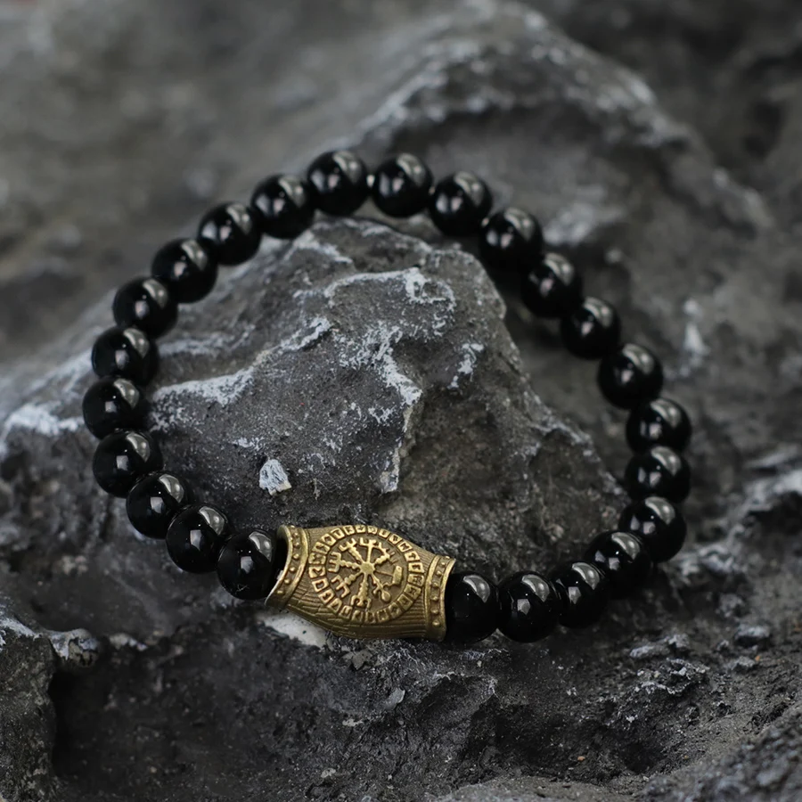 Men Stone Viking Bracelet Handmade Lava Onyx Hematite